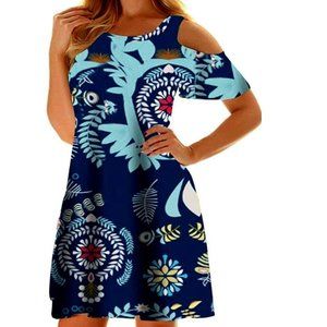MISYULA Style Women Summer Cold Shoulder Floral Flowy T-Shirt Dress, XL